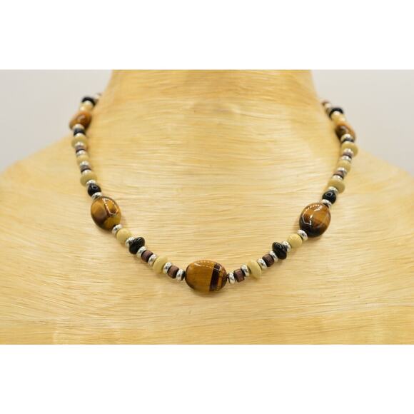 Statement Necklace Stone Wooden Beaded Tiger's Eye Black Neutral Silver BinR - Picture 1 of 11